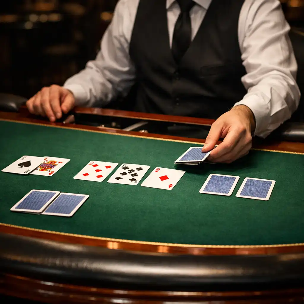 Profesjonalny stół pokerowy w prawdziwym kasynie z krupierem rozdającym karty