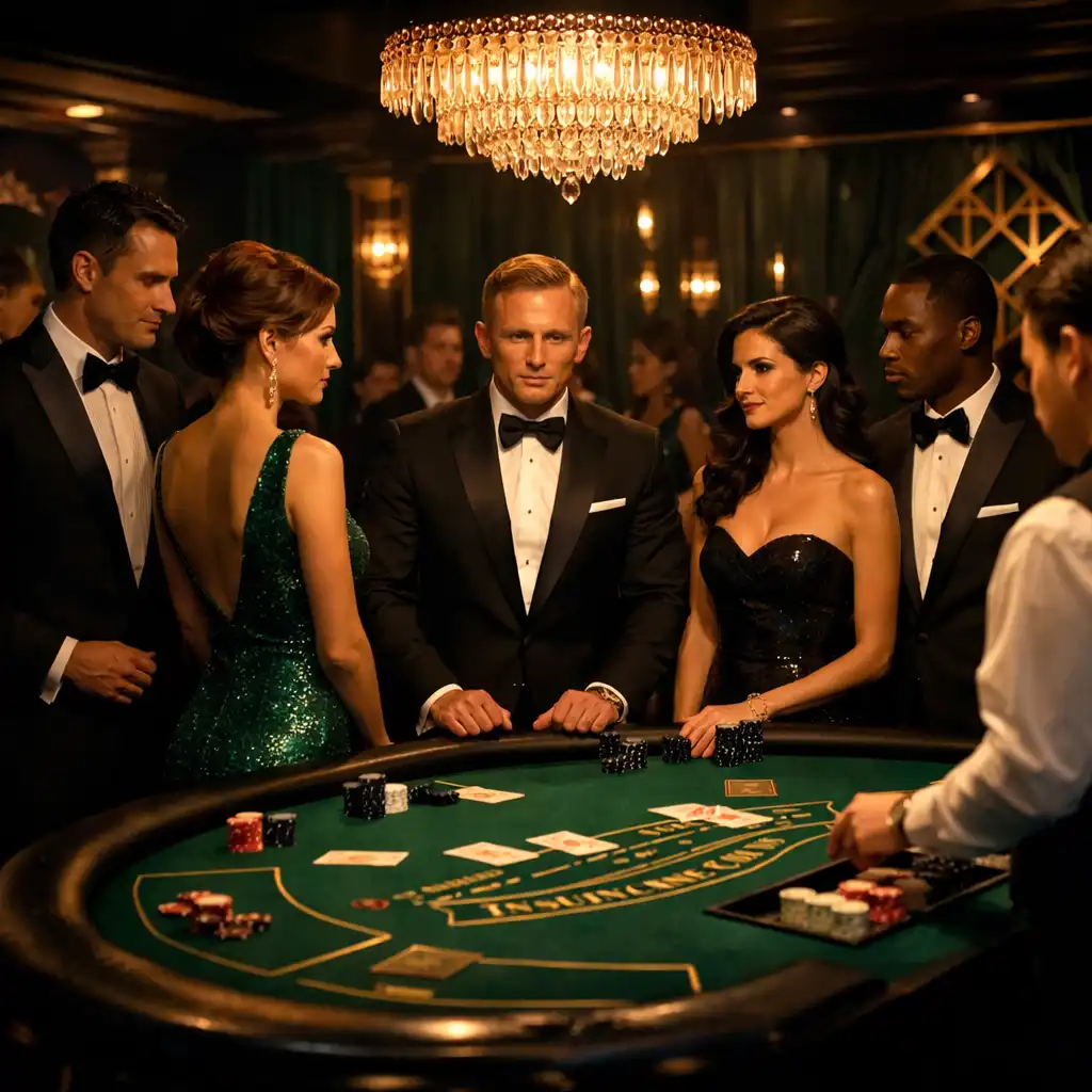 Goście w smokingach i wieczorowych sukniach przy stole do blackjacka podczas wieczoru tematycznego Casino Royale